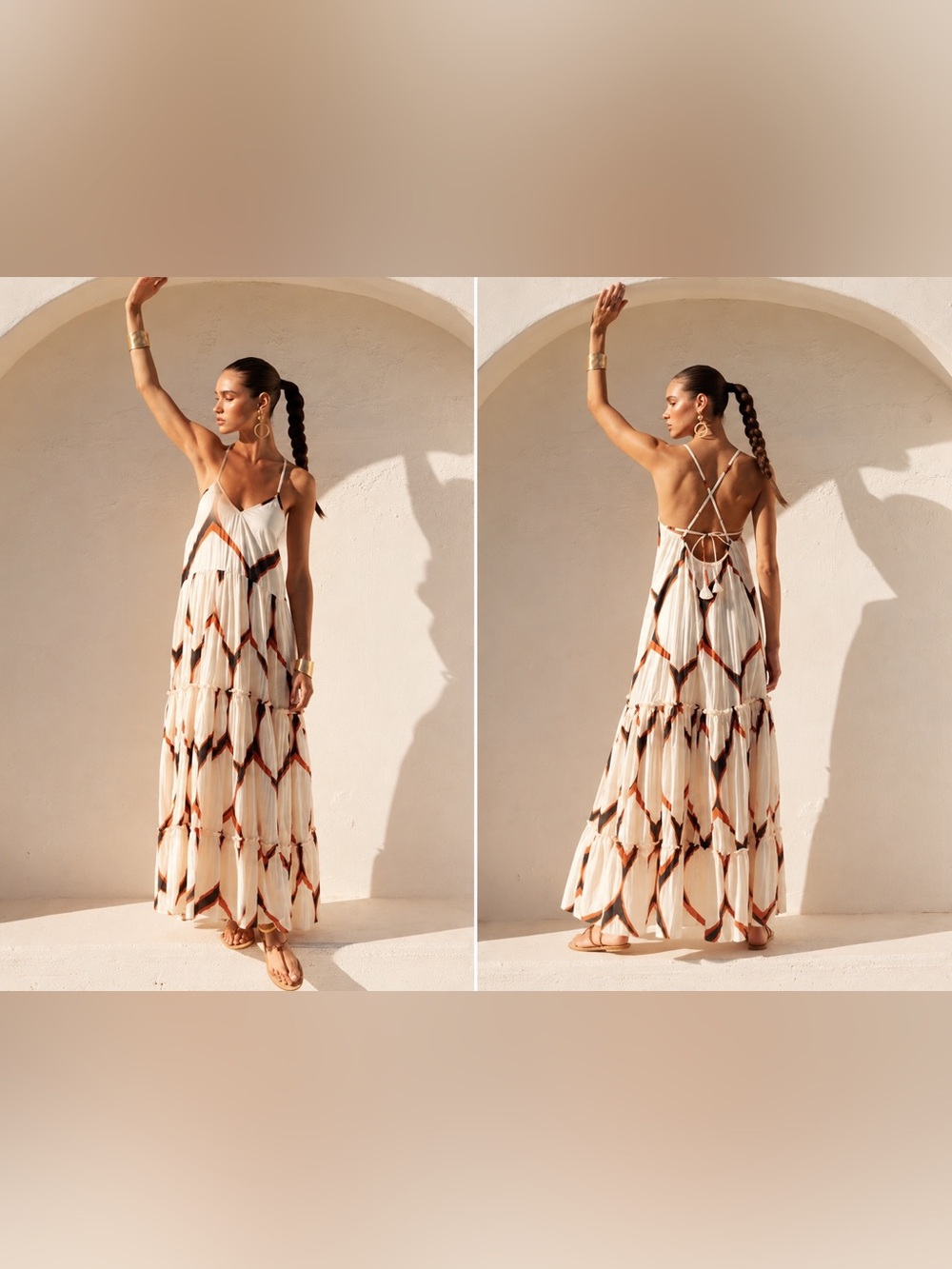 Misa Bohemian Tiered Maxi Dress Geometric Print Open Back Cream Size S